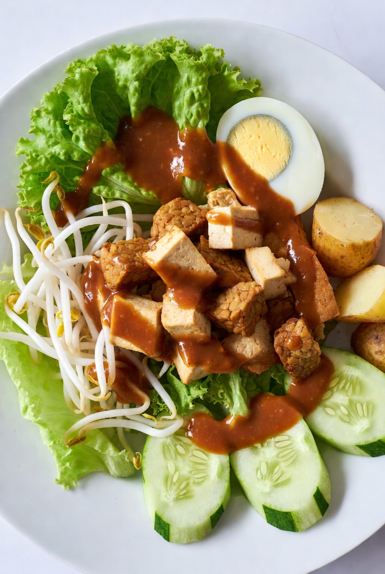 Gado-gado with tofu, tempeh, egg, vegetables, and peanut sauce