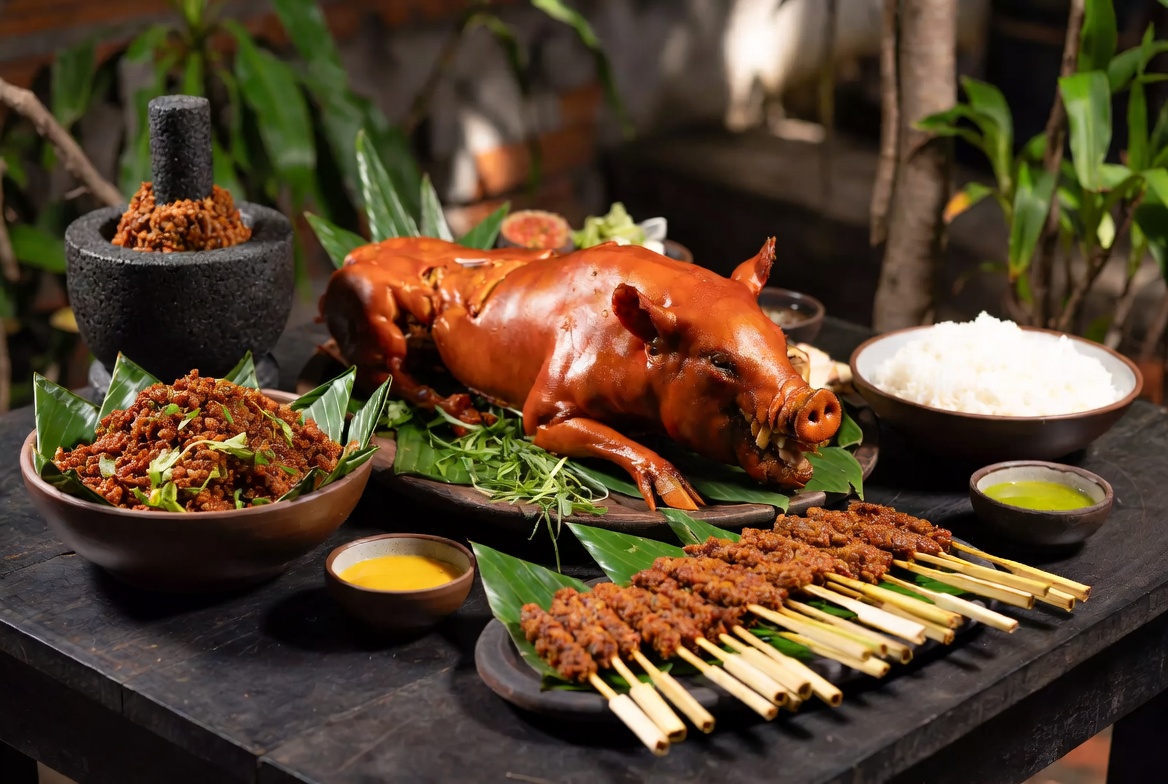 Balinese ceremonial feast with roast meats, sate, and spice pastes on banana leaves