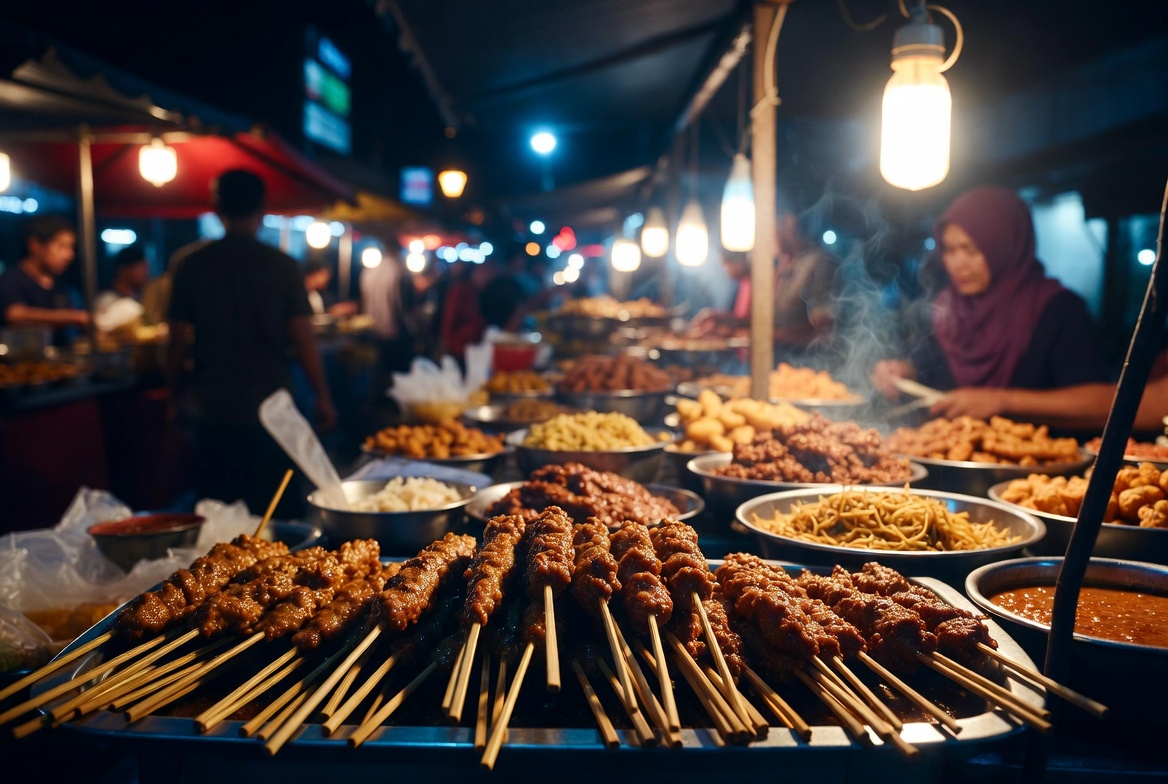 Indonesian street food satay skewers at a night market stall